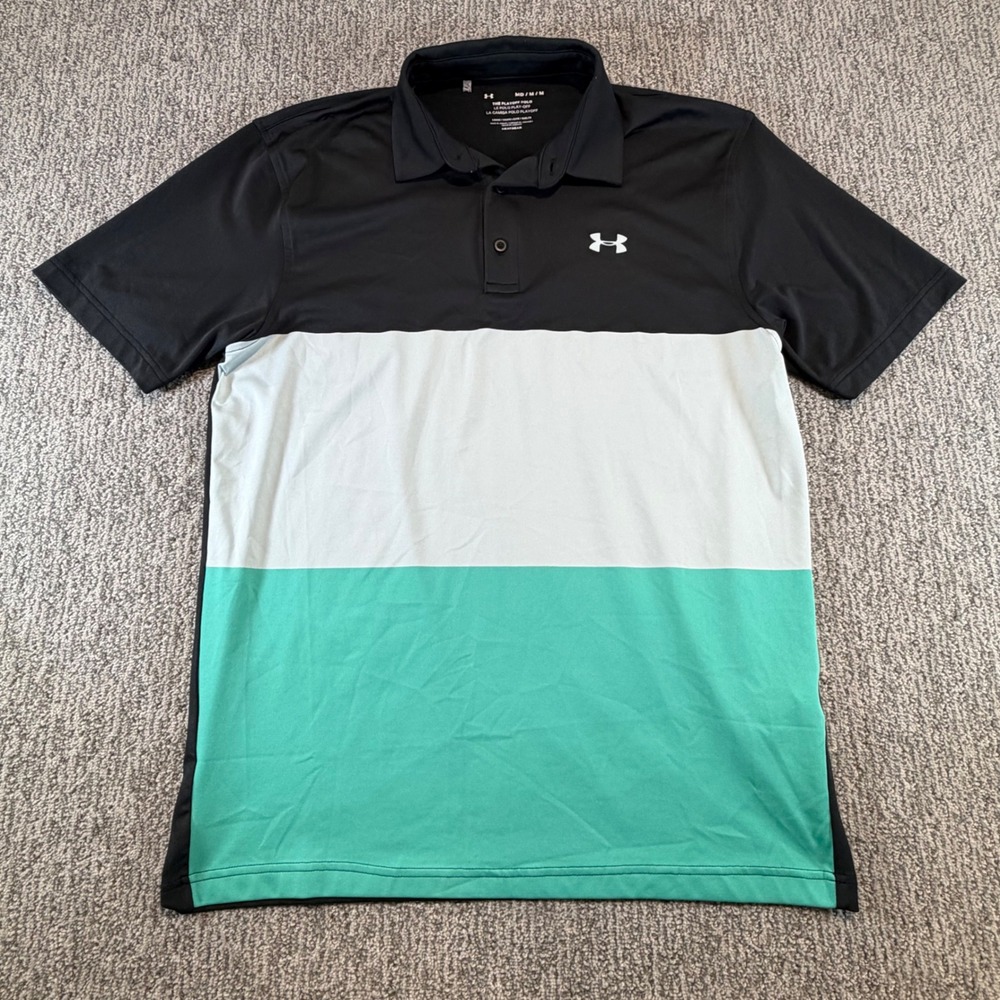 Under‎ Armour Playoff Polo Mens Medium Black Grey Teal Colorblock HeatGear Shirt